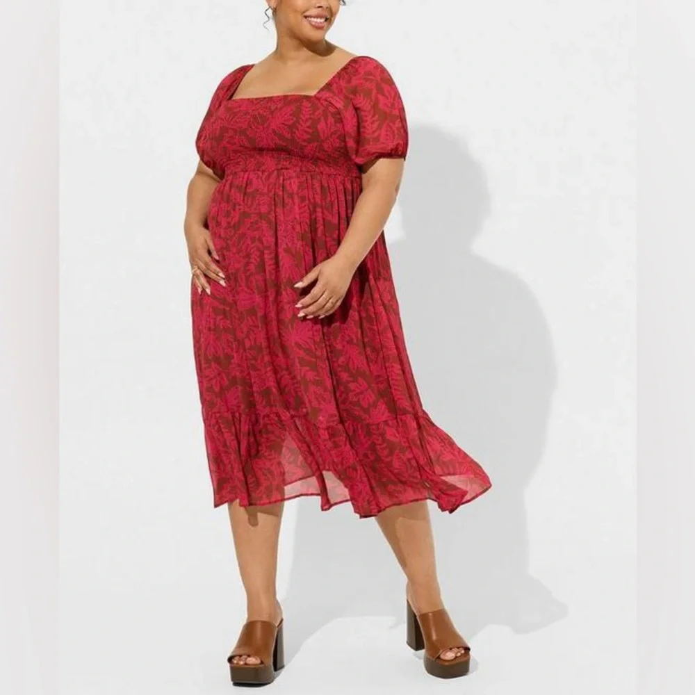 Torrid Tea Length Smocked Bodice A-Line Leaf Print Dress Size 3x